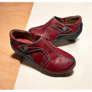 Spring Step L'Artiste Janella Clogs Red Embossed Leather Boho Women's Sz 8-8.5US